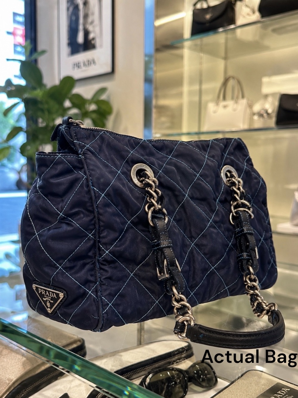 Authentic “Home-run” Vintage Prada Quilted Nylon Navy Blue Chain-leather Strap